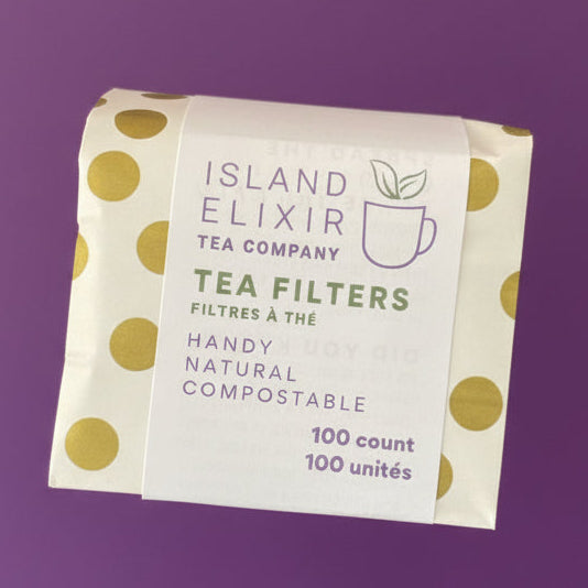 100 ct made in Canada compostable tea filters in a polkadot bag.