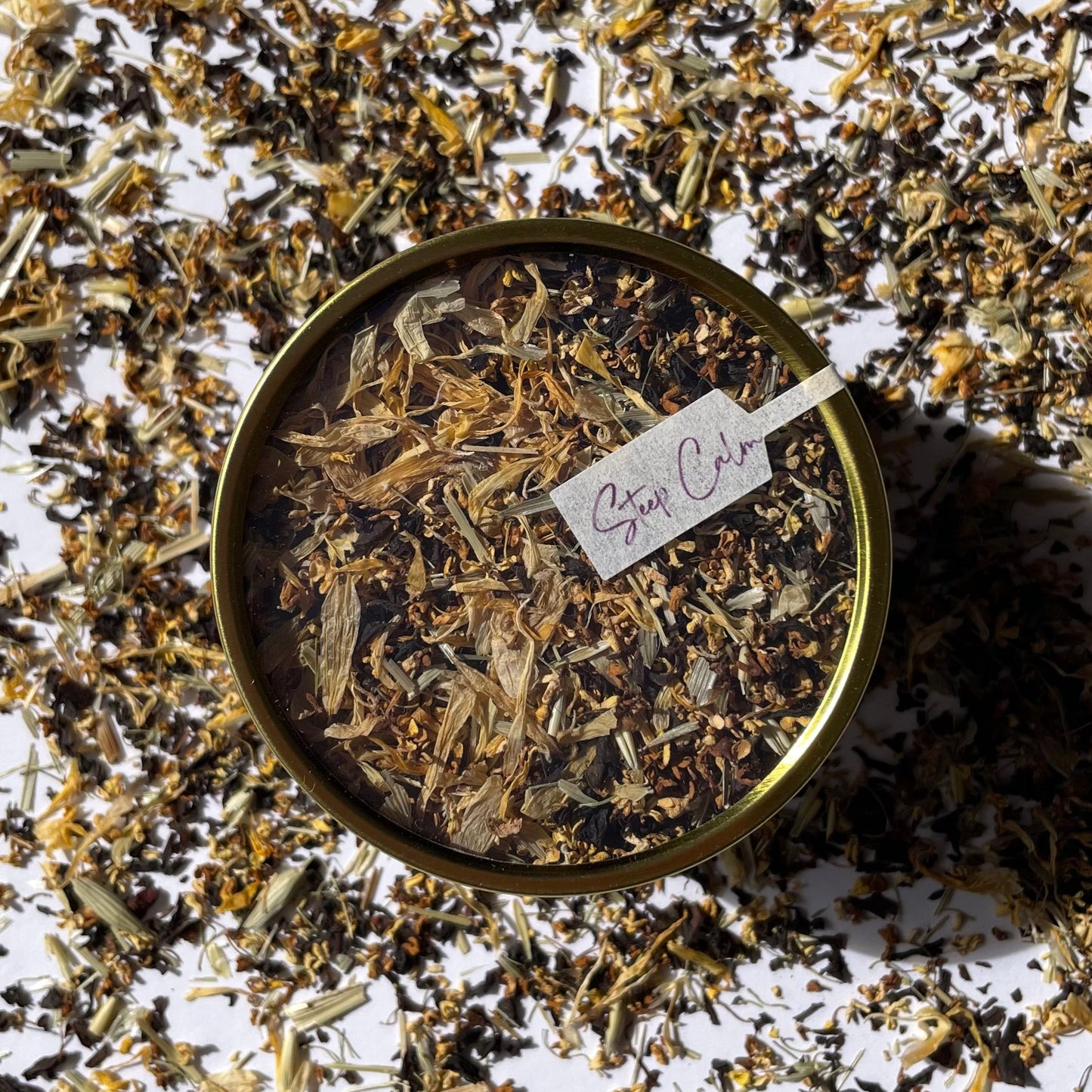 Autumn Moon Black Tea Blend Essential gold tin 30 cups of tea top view