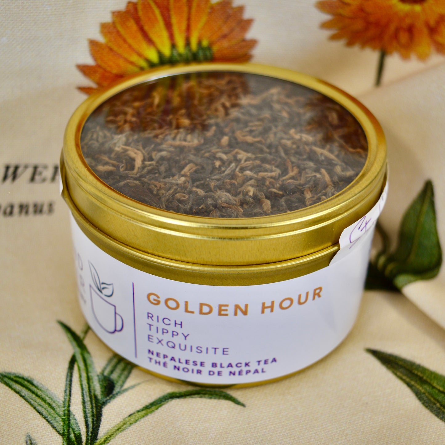 Golden Hour Black Tea 30 cups of tea size gold finish tin Nepalese black tea (Certified organic)