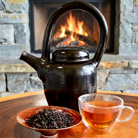 Legacy black, Kenyan black tea, loose leaf and steeped tea with old black tea pot, fire place in background.