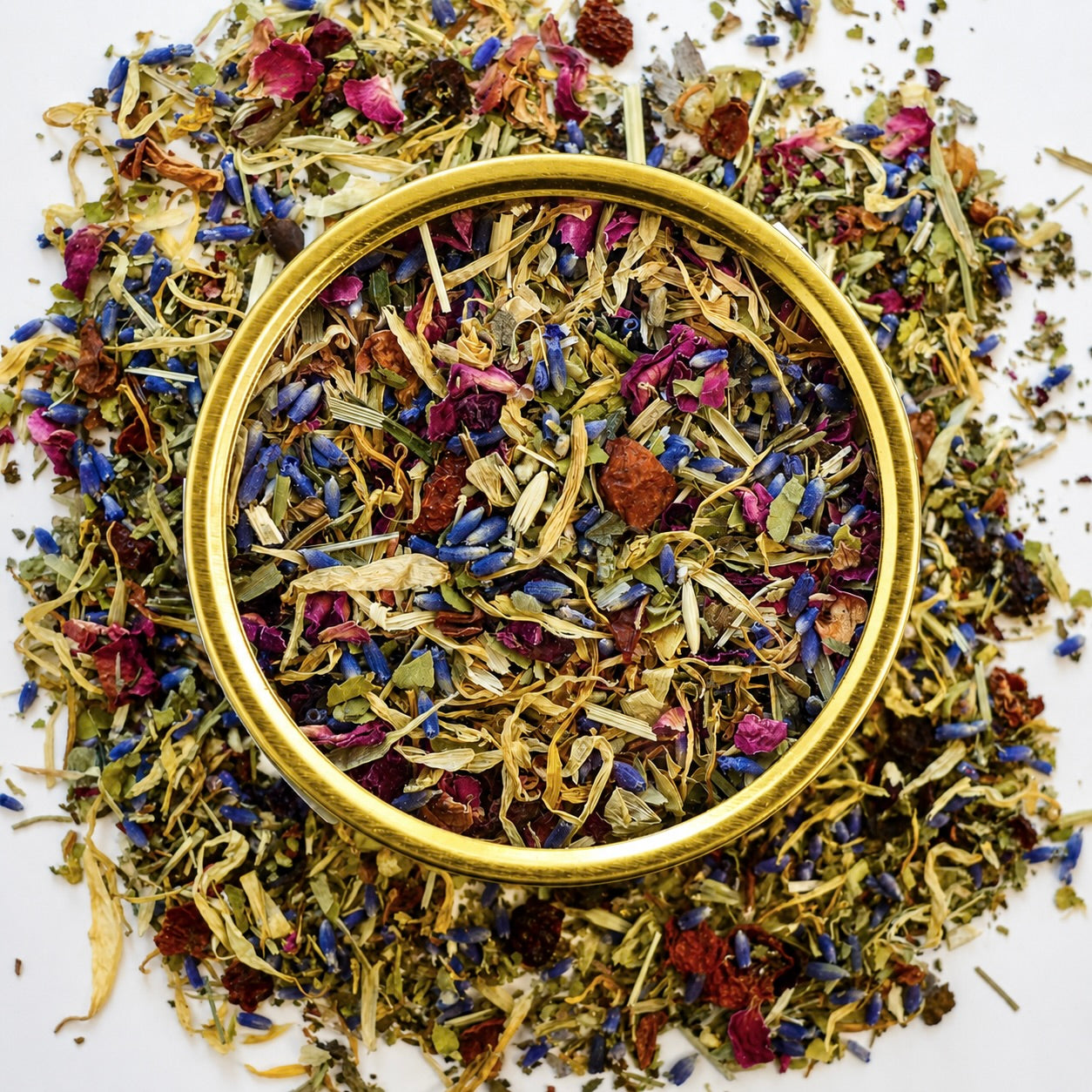 Tranquilitea Herbal Tea 30 cups of tea size gold finish tin on loose tea that contains Rose hip*, Lemon balm*, Lavender**, Oatstraw*, Marshmallow leaf*, Calendula*, Rose petals*.