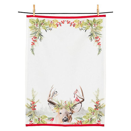 Stag and Birds Holiday Tea Towel