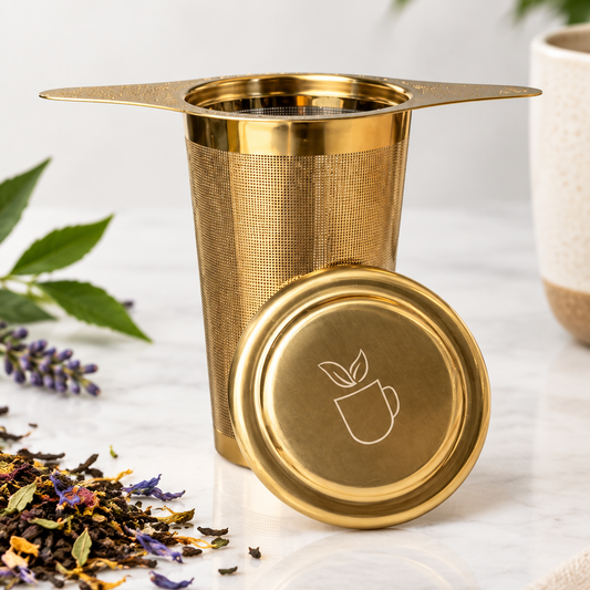 A gold-finished metal tea infuser with a matching lid placed in front, set on a light marble surface with loose leaf tea leaves, green leaves, and a potted plant in the background.