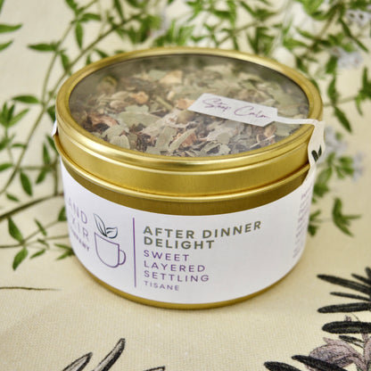 After Dinner Delight Herbal Tea 30 cups of tea size gold finish tin Fennel seed*, milk thistle seed*, green cardamom*, bay leaf*, lemon*, lemon balm*, peppermint*, chamomile*.