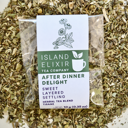 After Dinner Delight Herbal Tea 4 cups of tea size compostable packaging sitting on loose leaf tea that contains Fennel seed*, milk thistle seed*, green cardamom*, bay leaf*, lemon*, lemon balm*, peppermint*, chamomile*.
