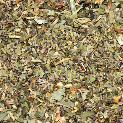 After Dinner Delight loose leaf herbal tea Fennel seed*, milk thistle seed*, green cardamom*, bay leaf*, lemon*, lemon balm*, peppermint*, chamomile*.
