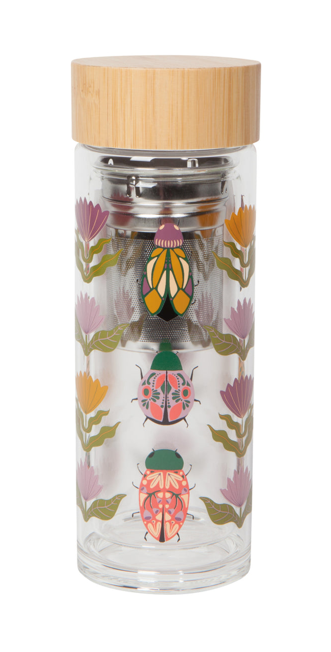 Clear glass tea infuser with colorful beetle design and wooden lid on a white background.