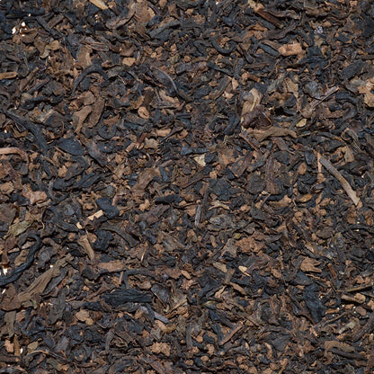 Anytime Black tea, decaf, dried tea leaves up close, decaffeinated black tea