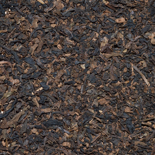 Anytime Black tea, decaf, dried tea leaves up close, decaffeinated black tea