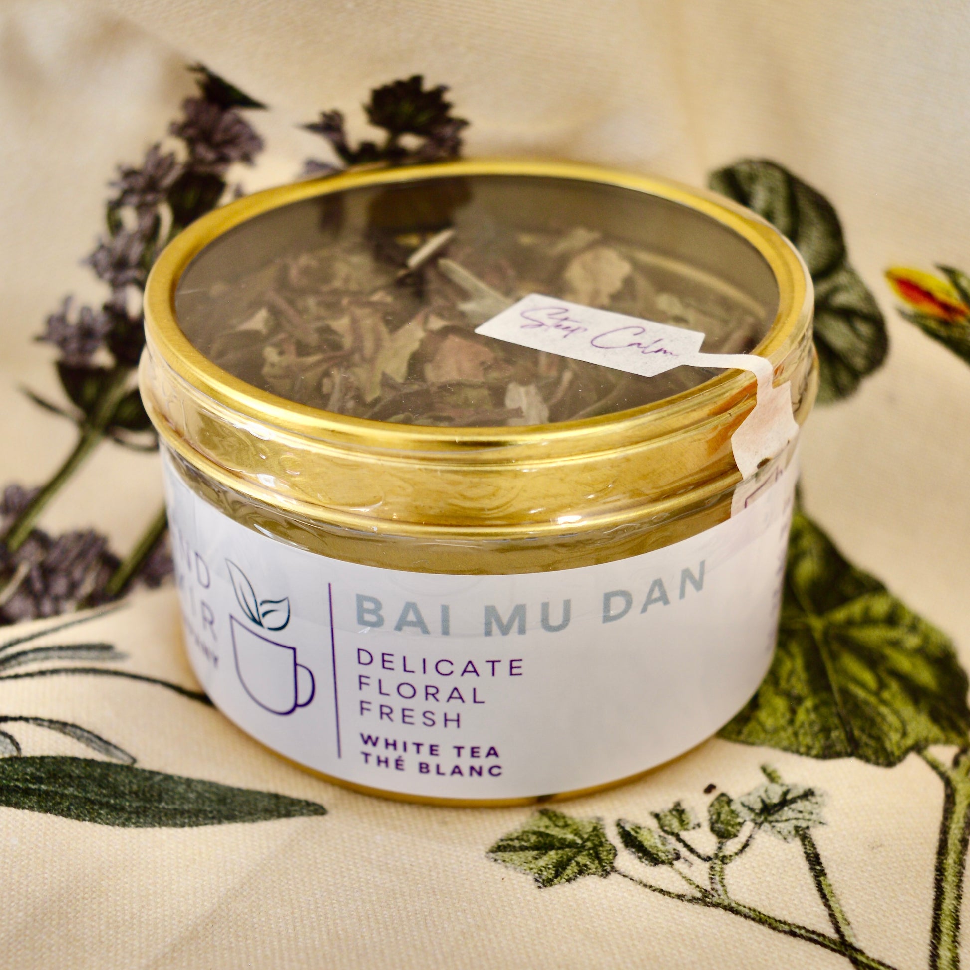 Bai Mu Dan White Tea 30 cups of tea size gold finish tin that contains Chinese White Tea