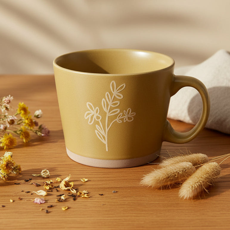 Island Elixir Tea Company Botanical Collection Wide Mug — Wildflower in Harvest Gold. 550 ml warm gold stoneware with tone-on-tone embossed wildflower sprig and exposed clay base. Available in Langford BC, Greater Victoria, Vancouver Island, British Columbia, Canada.