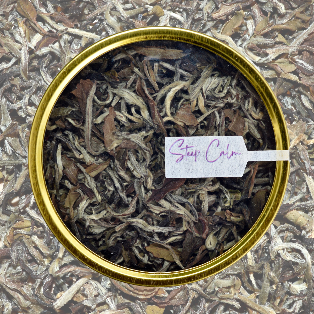 Champagne White loose tea in an Island Elixir Tea signature gold finish tin, with a 'Steep Calm' label, in the foreground on a layer of loose tea leaf in the background.