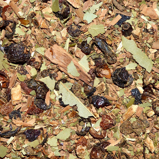 Cinnamon Sunshine Loose Leaf Herbal Tea close-up showing cinnamon, rose hips, lemon, bay leaf, clove, spearmint and anise hyssop.