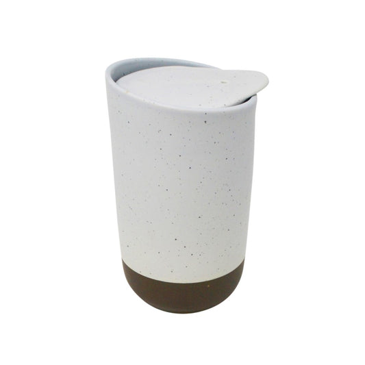 A tall, cylindrical double-walled ceramic travel tumbler with a beige speckled body, a dark brown base, and a matching speckled lid, shown on a plain white background. Holds 325 mL tea or coffee or hot chocolate or any drink. Available for purchase online or in our Langford BC tea shop.