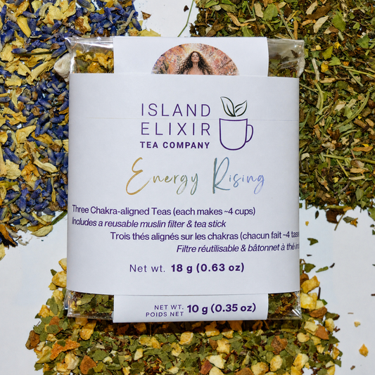 Energy rising tea trio Vision Vital Vibrance discover size with the three lose leaf herbal teas in the back ground