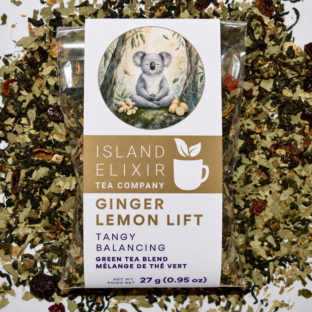 Ginger Lemon Lift Herbal Tea 10 cups of tea size compostable packaging sitting on loose leaf tea that contains Green tea*, rose hip*, eucalyptus*, lemon*, ginger*.