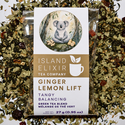 Ginger Lemon Lift Herbal Tea 10 cups of tea size compostable packaging sitting on loose leaf tea that contains Green tea*, rose hip*, eucalyptus*, lemon*, ginger*.