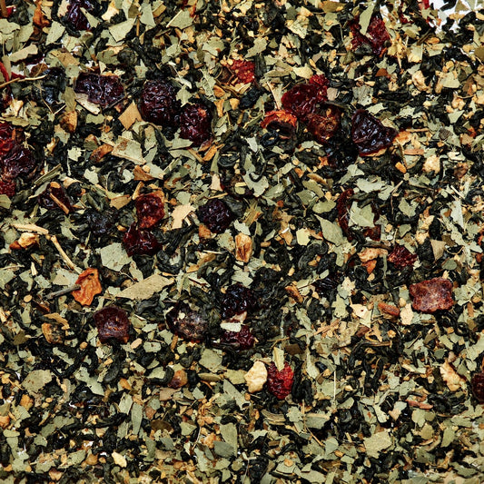 Ginger Lemon Lift Loose Leaf Herbal Tea Green tea*, rose hip*, eucalyptus*, lemon*, ginger*.