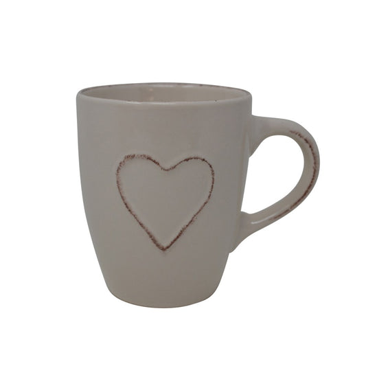 Cream white mug with a heart design on a white background. Holds 330 ml (11 oz) of tea, coffee, or soup. Available in Langford, BC's best loose leaf tea shop, Island Elixir Tea Company.