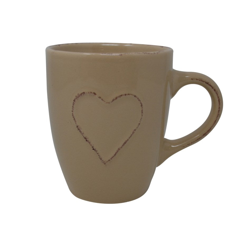 Latte beige-brown mug with a heart design on a white background. Holds 330 ml (11 oz) of tea, coffee, or soup. Available in Langford, BC's best loose leaf tea shop, Island Elixir Tea Company.