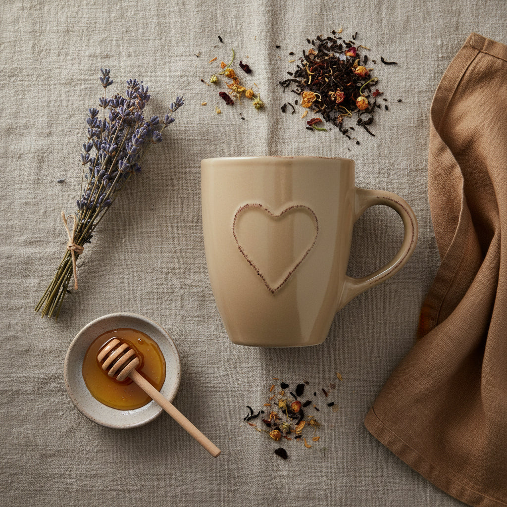 The Hug Mug in latte beige with a heart design on a linen background with loose leaf tea and local honey. Available in Langford BC, Greater Victoria, Vancouver Island, Canada.