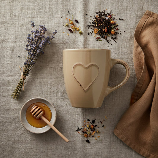 The Hug Mug in latte beige with a heart design on a linen background with loose leaf tea and local honey. Available in Langford BC, Greater Victoria, Vancouver Island, Canada.