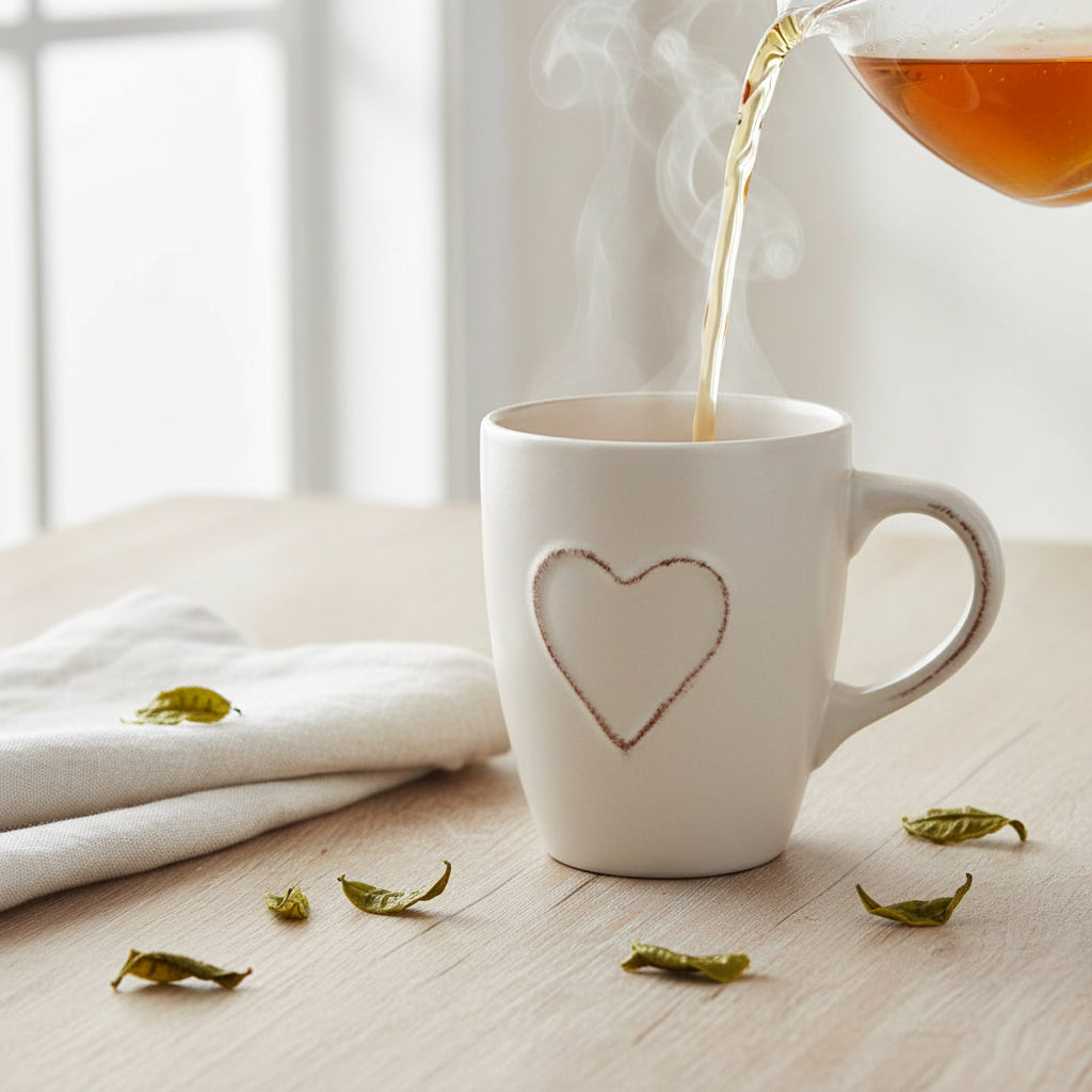 Island Elixir Tea Company Heart Mug in Cream. 330 ml stoneware mug with embossed heart detail. Available in Langford BC, Greater Victoria, Vancouver Island, British Columbia, Canada