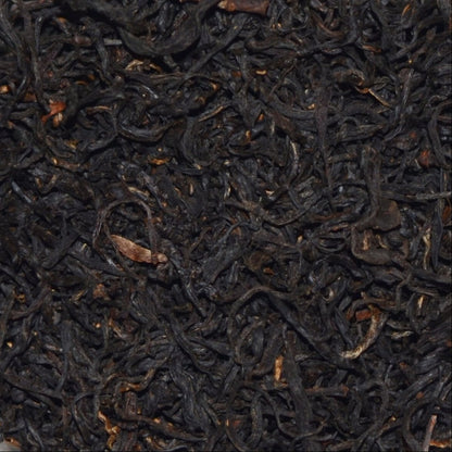 Imperial Keemun Mao Feng Black Tea. Loose tea leaves showing the fine, wiry twist and very well made Chinese black tea.