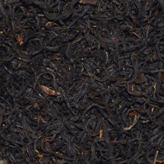 Imperial Keemun Mao Feng Black Tea. Loose tea leaves showing the fine, wiry twist and very well made Chinese black tea.