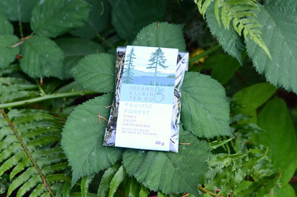 Pacific Forest Tea packaged in the 20g size shown in a forest setting that represents the essence of living on Vancouver Island and drinking tea. Find tea near me at Island Elixir Tea in Langford. Teas responsibly sourced and packaged in certified backyard compostable packaging.