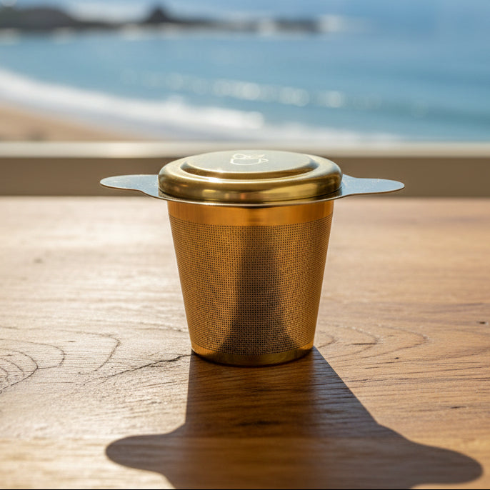 Gold finish stainless steel infuser with lid shown on a wood table in front of a coastal landscape.