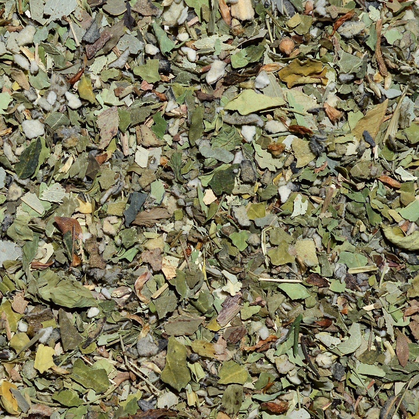 Close up of the Replenish herbal tea leaves. A blend of Mullein, Moringa, Eucalyptus, Nettle, Red clover, Thyme.