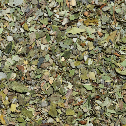 Close up of the Replenish herbal tea leaves. A blend of Mullein, Moringa, Eucalyptus, Nettle, Red clover, Thyme.