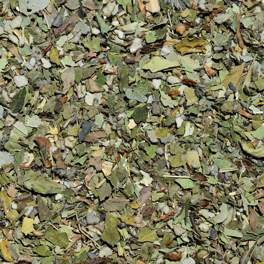Close up of the Replenish herbal tea leaves. A blend of Mullein, Moringa, Eucalyptus, Nettle, Red clover, Thyme.
