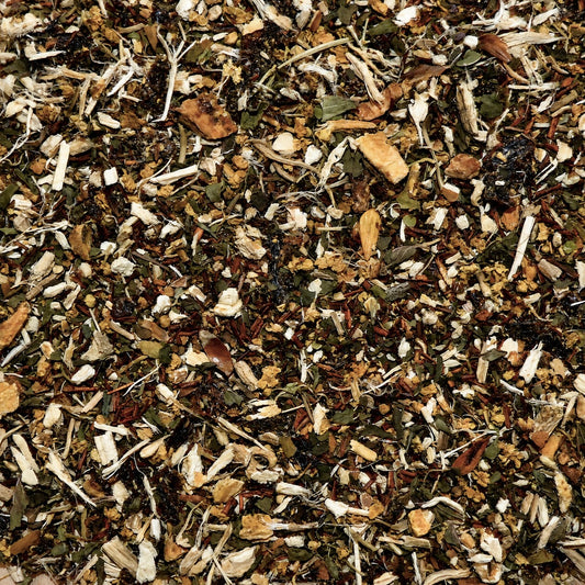 Rooibos Soother Loose Leaf Herbal Tea Marshmallow root, lemon, rooibos, elderflower, peppermint.