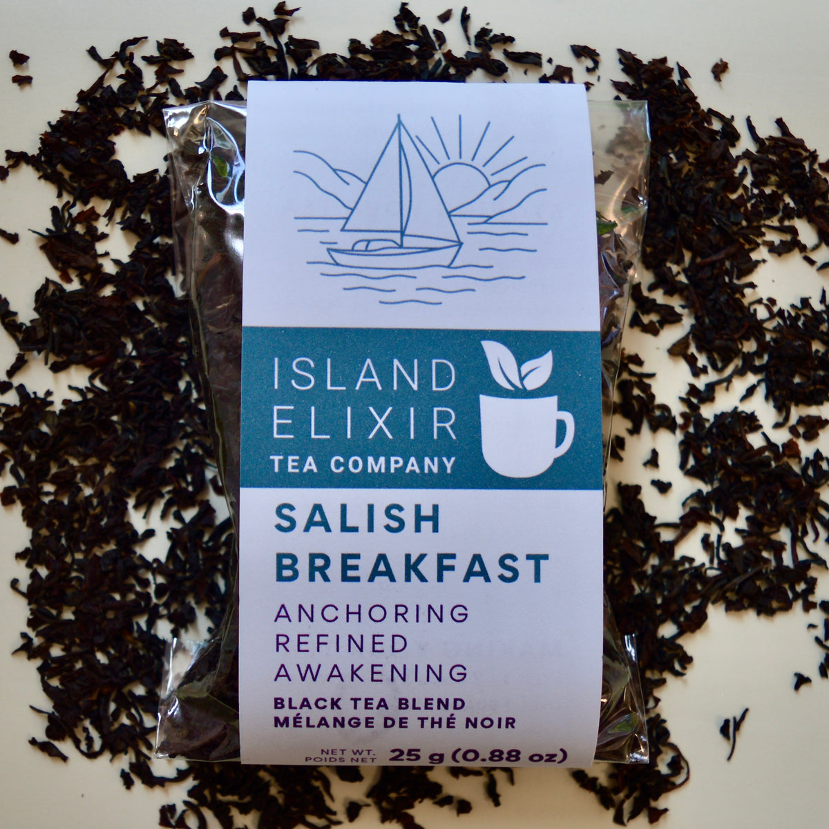 Salish Breakfast Black Tea 10 cups of tea size compostable packaging Black tea certified organic ingredients from China, India & Sri Lanka