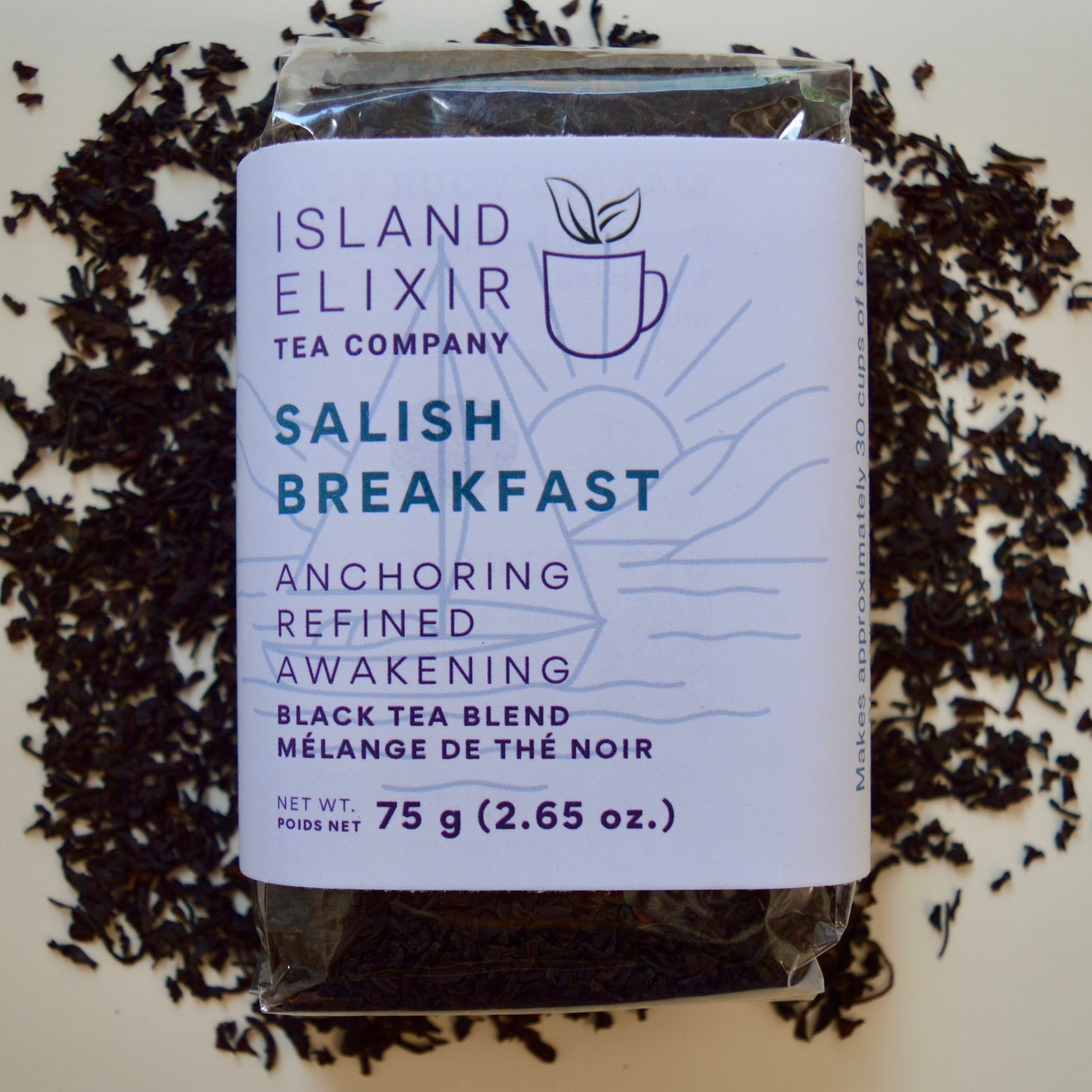 Salish Breakfast Black Tea 30 cups of tea size compostable packaging Black tea certified organic ingredients from China, India & Sri Lanka