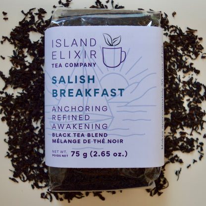 Salish Breakfast Black Tea 30 cups of tea size compostable packaging Black tea certified organic ingredients from China, India & Sri Lanka