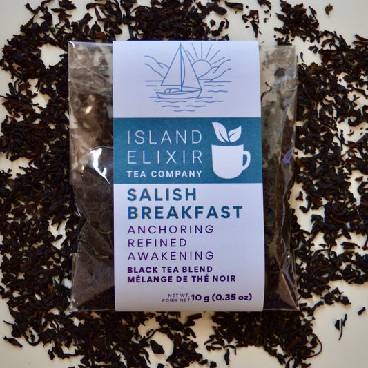 Salish Breakfast black tea 4 cups of tea size compostable packaging Black tea certified organic ingredients from China, India & Sri Lanka