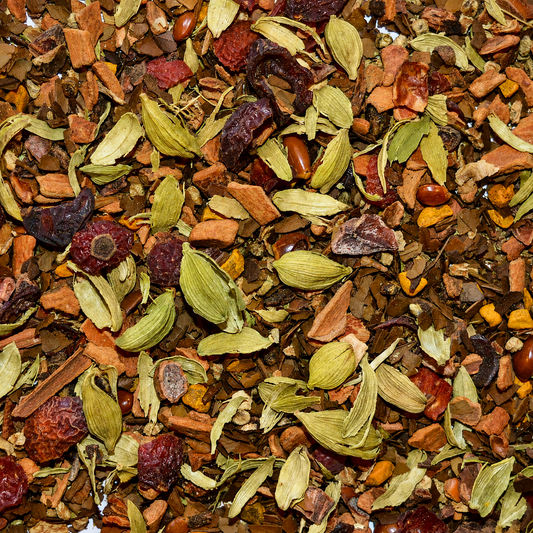 Sumitra's Chai loose leaf herbal tea Cinnamon*, Cardamom*, Rose hip*, Star anise*, Turmeric*, Roasted maté*, Clove*, Ginger*.