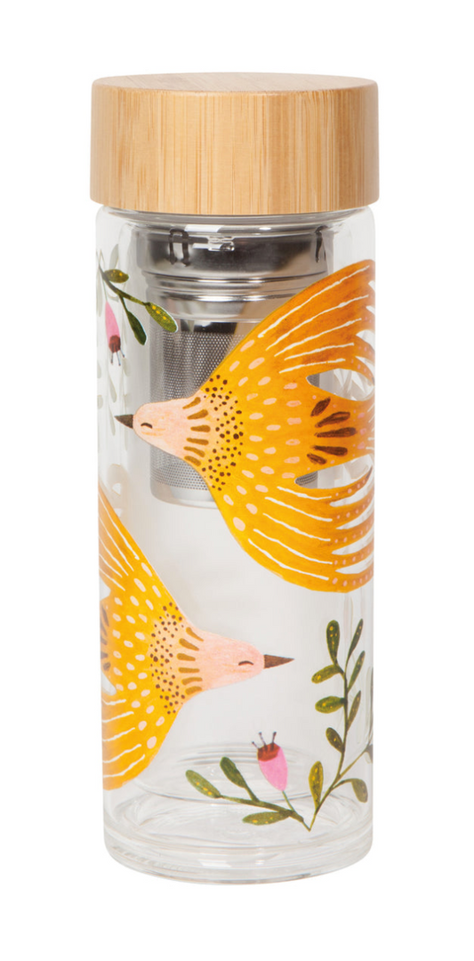 Tea infuser tumbler with bamboo lid featuring bird and flower design on double-walled borosilicate glass