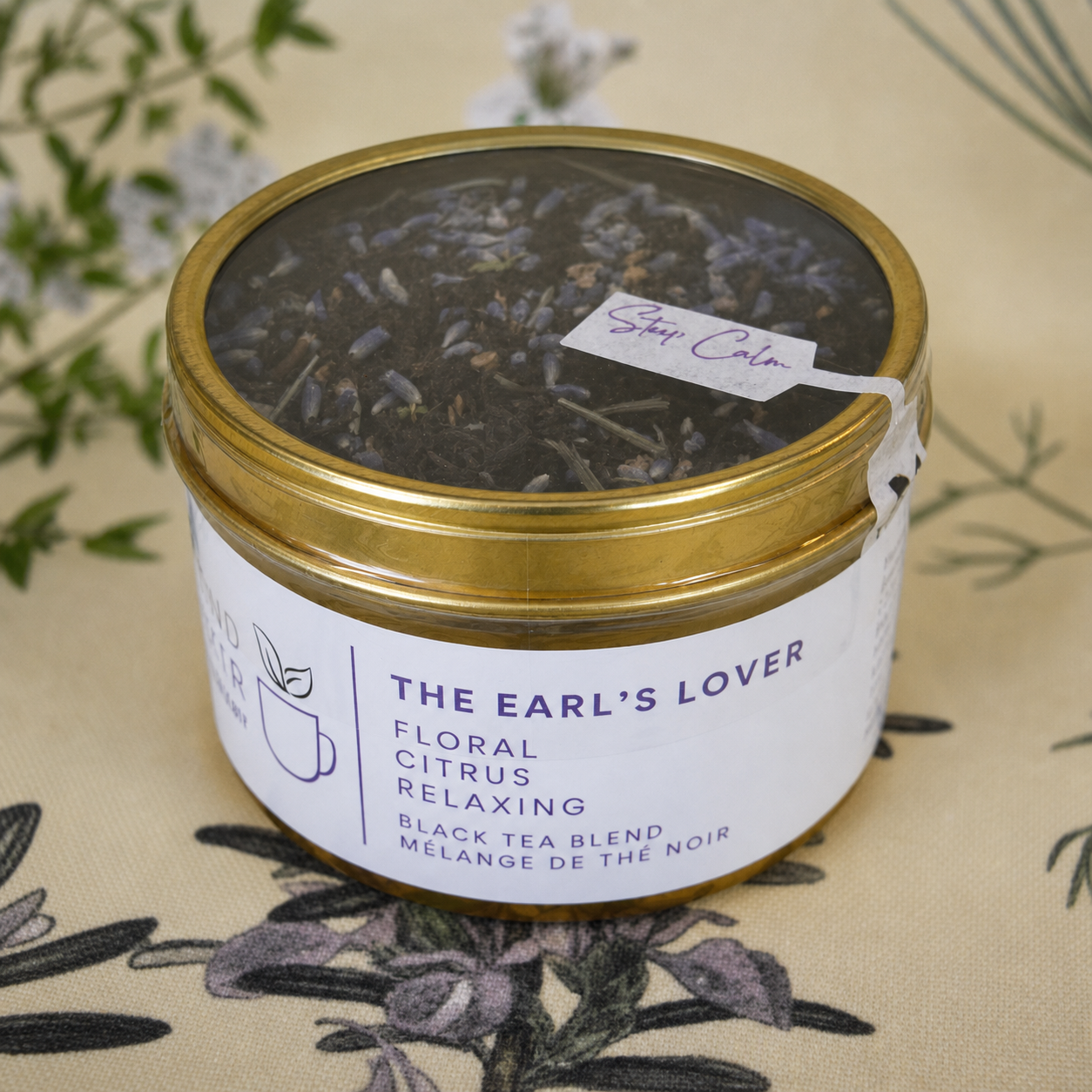 The Earl's Lover Black Tea 30 cups of tea size gold finish tin Black tea*, lavender**, anise hyssop*, bergamot flavour (organic compliant) 
