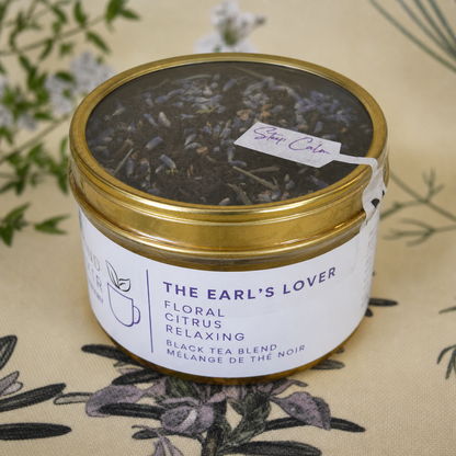 The Earl's Lover Black Tea 30 cups of tea size gold finish tin Black tea*, lavender**, anise hyssop*, bergamot flavour (organic compliant) 
