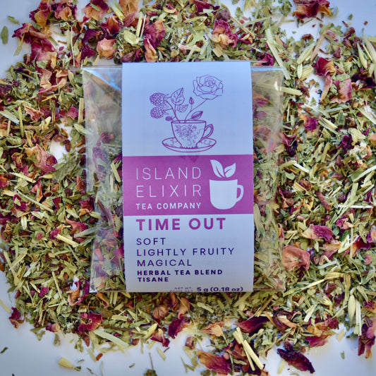 Time Out Herbal Tea 4 cups of tea size compostable packaging sitting on loose tea that contains Raspberry, Alfalfa, Oatstraw, Rose, Rooibos, Nettle, Red clover, Raspberry leaf