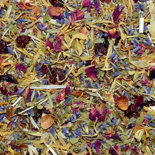 Tranquilitea Loose Leaf Herbal Tea Rose hip*, Lemon balm*, Lavender**, Oatstraw*, Marshmallow leaf*, Calendula*, Rose petals*.
