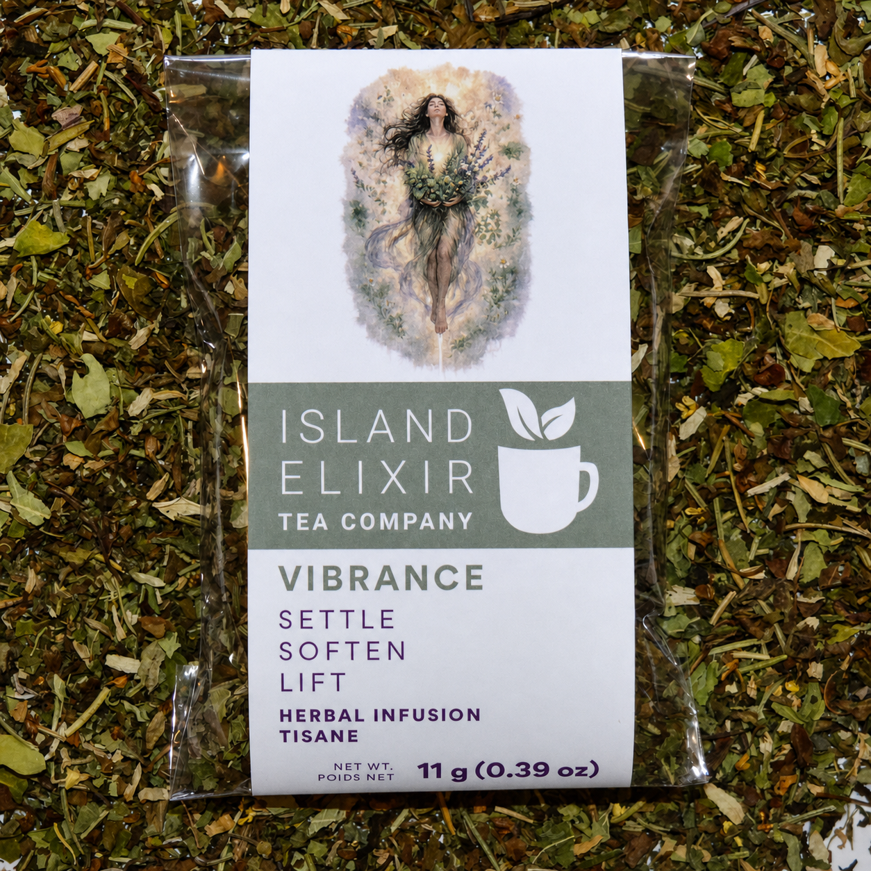 Vibrance Herbal Tea 10 cups of tea size compostable packaging sitting on loose leaf tea that contains Lemon balm*, Tulsi (holy basil)*, Rosemary*, Moringa*, Chamomile petals*.