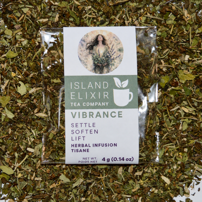 Vibrance Herbal Tea 4 cups of tea size compostable packaging Lemon balm*, Tulsi (holy basil)*, Rosemary*, Moringa*, Chamomile petals*.