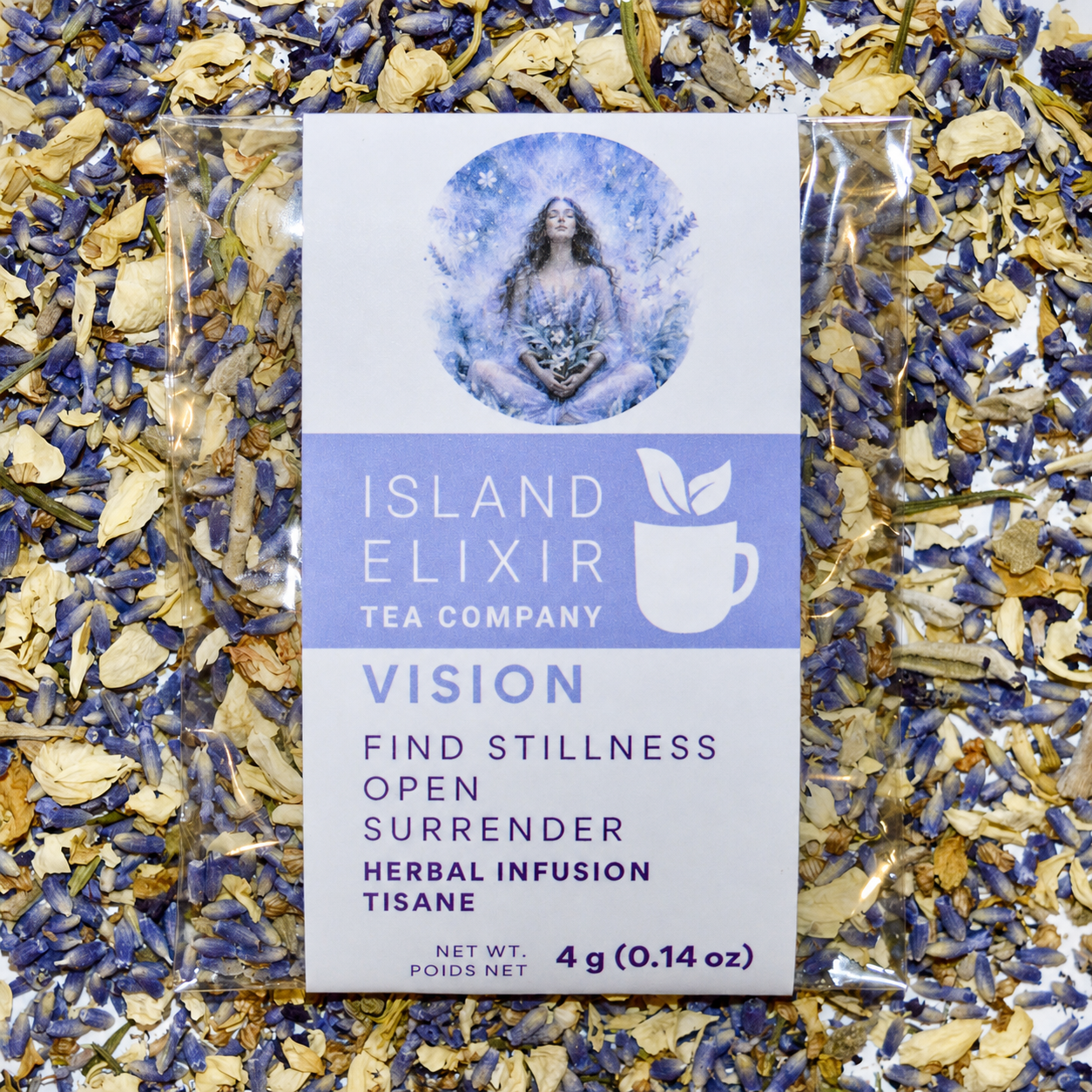 Vision Herbal Tea 4 cups of tea size compostable packaging sitting on loose leaf tea that contains Lavender (grown spray-free), Jasmine petals, Sage*.