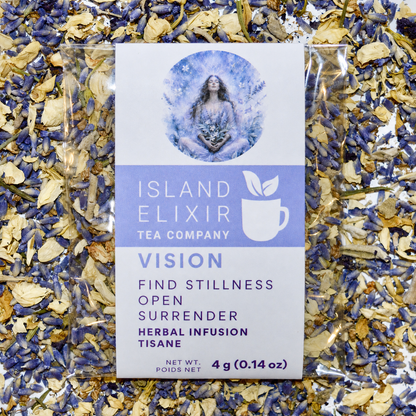 Vision Herbal Tea 4 cups of tea size compostable packaging sitting on loose leaf tea that contains Lavender (grown spray-free), Jasmine petals, Sage*.