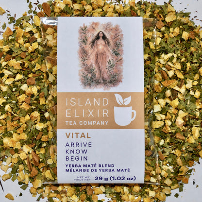 Vital Herbal Tea 10 cups of tea size compostable packaging sitting on loose leaf tea that contains orange pieces*, Yerba Maté*, Cinnamon (true)*, Rooibos*.